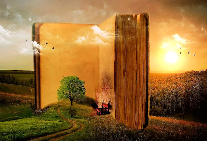 A composite image of a large open book set in a countryside landscape
